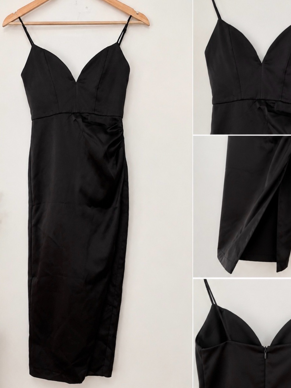 Classic Black Slip Midi Dress - Sleek Satin Spaghetti-Strap